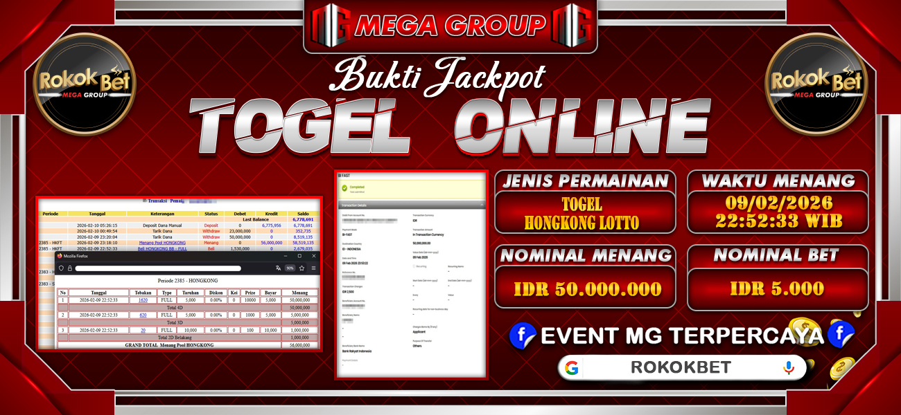 Bukti JP situs Rokokbet hari Senin, 09 Februari 2026