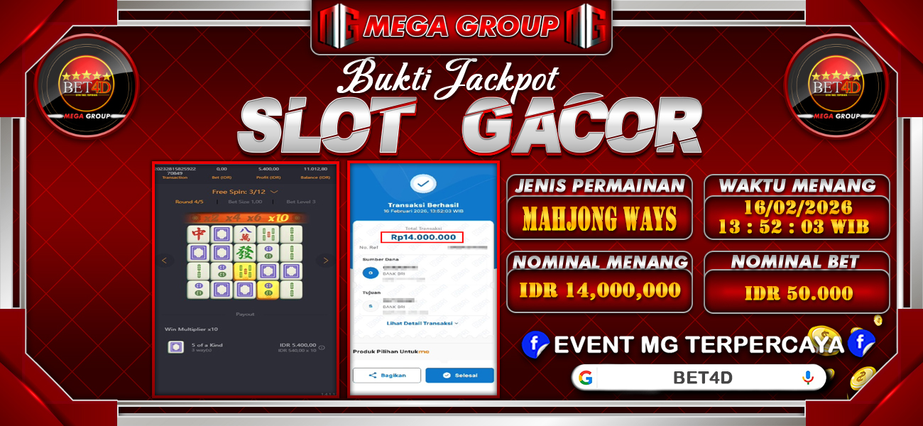 Bukti JP situs Bet4D hari Senin, 16 Februari 2026