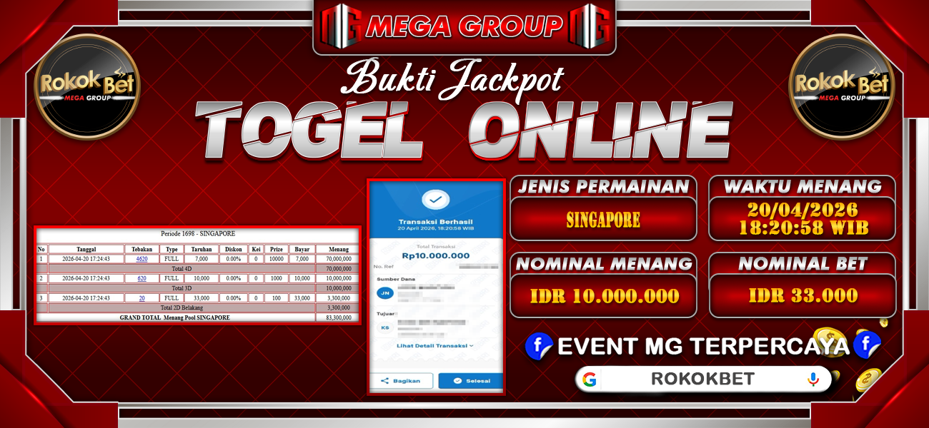 Bukti JP situs Rokokbet hari Senin, 20 April 2026