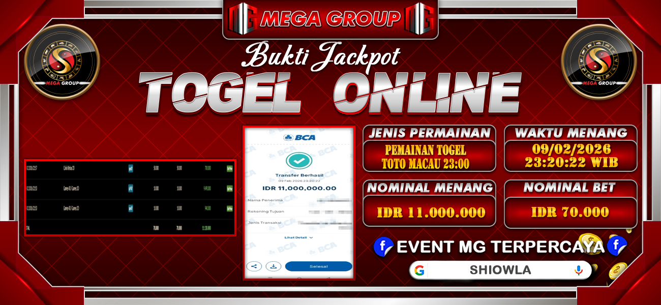 Bukti JP situs Shiowla hari Senin, 09 Februari 2026